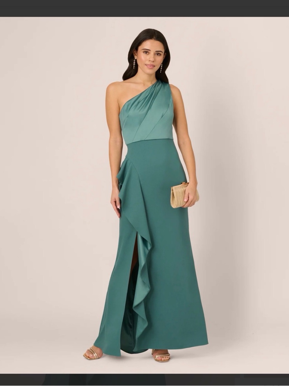 Adrianna Papell SZ 14 Green One Shoulder Ruffle Evening Formal Gown NWT GALA MOB